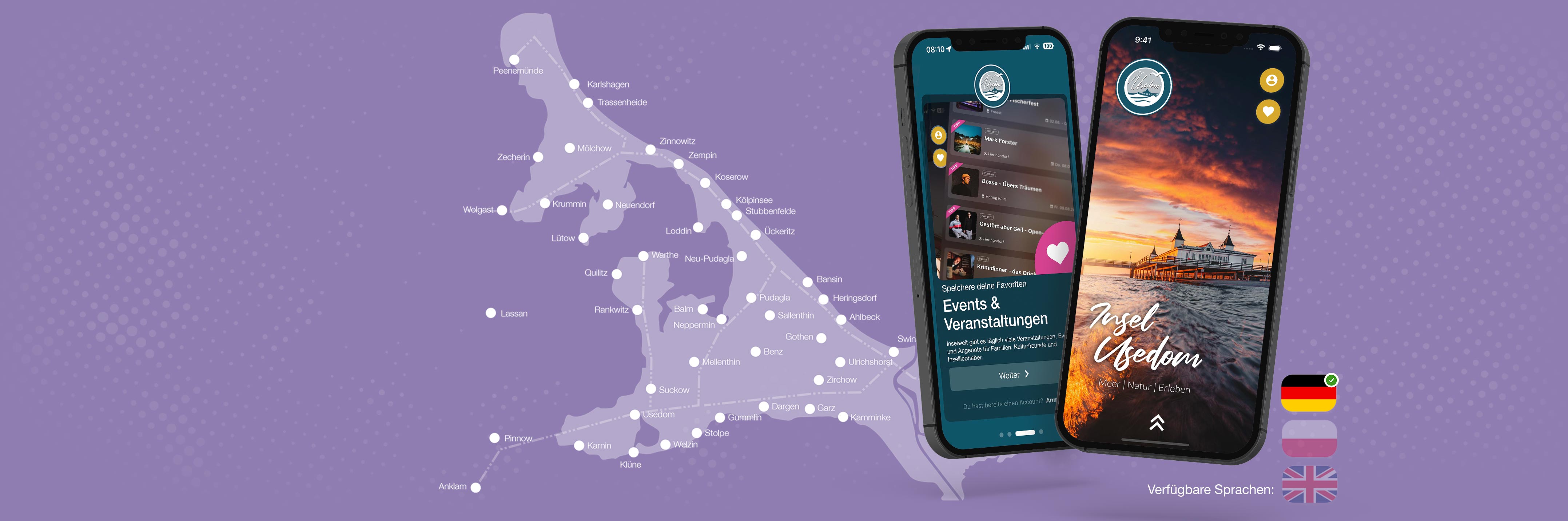 Insel Usedom App Ansicht mit Inselkarte im Hintergrund